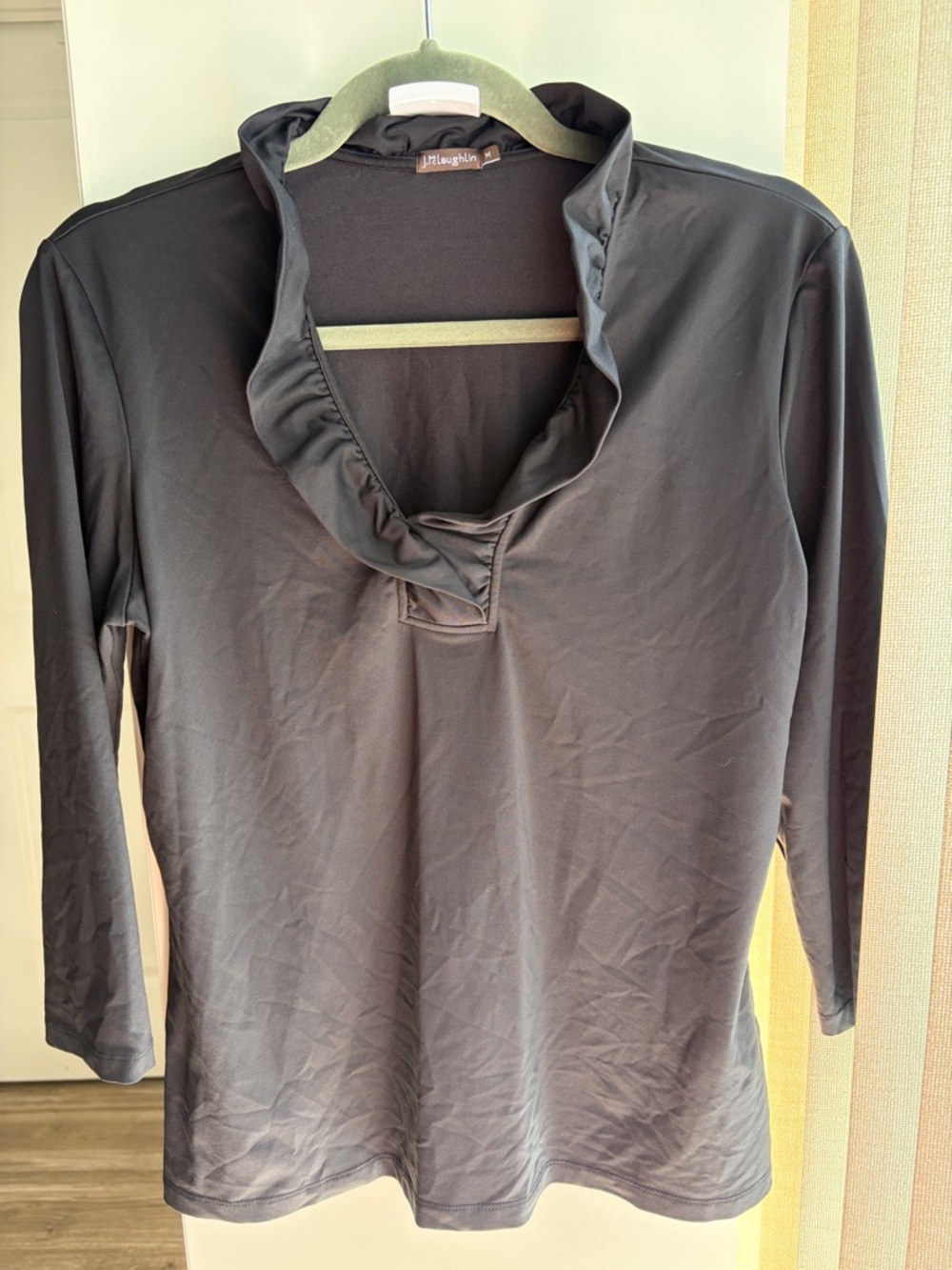 J. McLaughlin Black Ruffle-Collar 3/4 Sleeve Top
